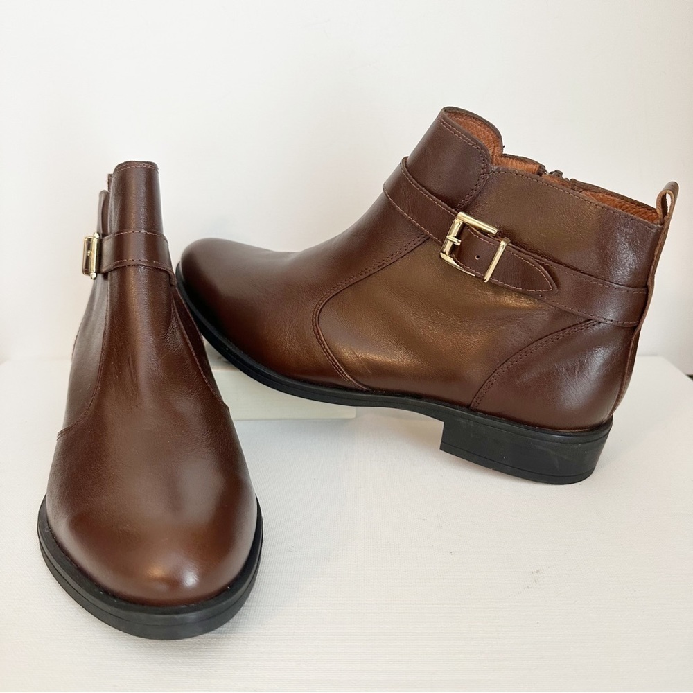 Marroqui Sanchez Leather Buckle Detail Side Zip Brown Ankle Boots - Size 10